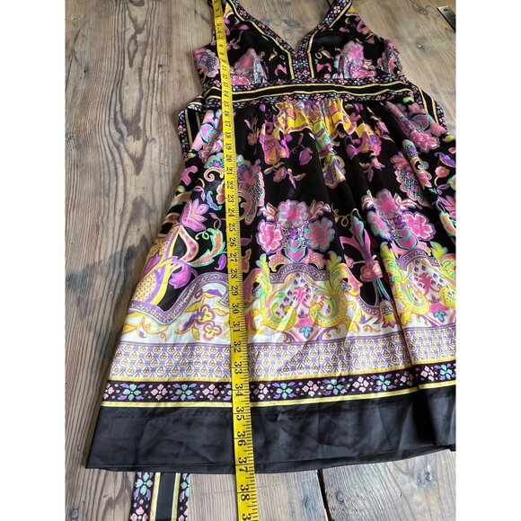 Y2K ICE Satin Sleeveless Fit and Flare Dress Womens 10 Black Floral Print V-Neck - Picture 6 of 6